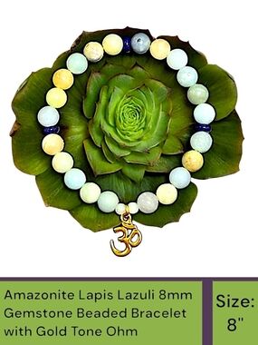Amazonite Lapis Lazuli 8mm Gemstone Bead 8 Inch Bracelet with Ohm Charm